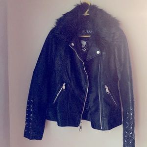 Guess biker jacket with gold hardware and detachable fur collar, NWT